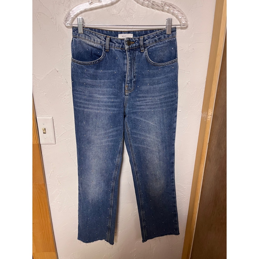 ALC Studded High Rise Straight Leg Jeans Medium Wash Blue Raw Hem Size 2